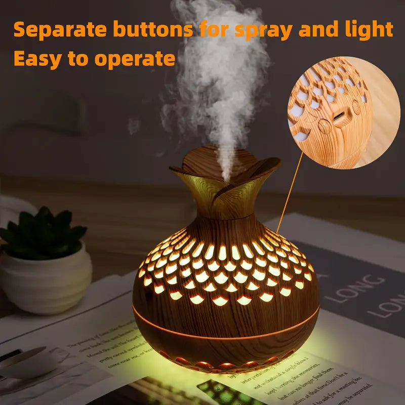 Deluxe Wood Grain Homely Humidifier, USB Powered, Seven Colors, Cold Fog, 36V, Elegant Hollow Design, Pre-Filter, Evaporative Humidification, Romantic Atmosphere, for Bedroom and Various Rooms