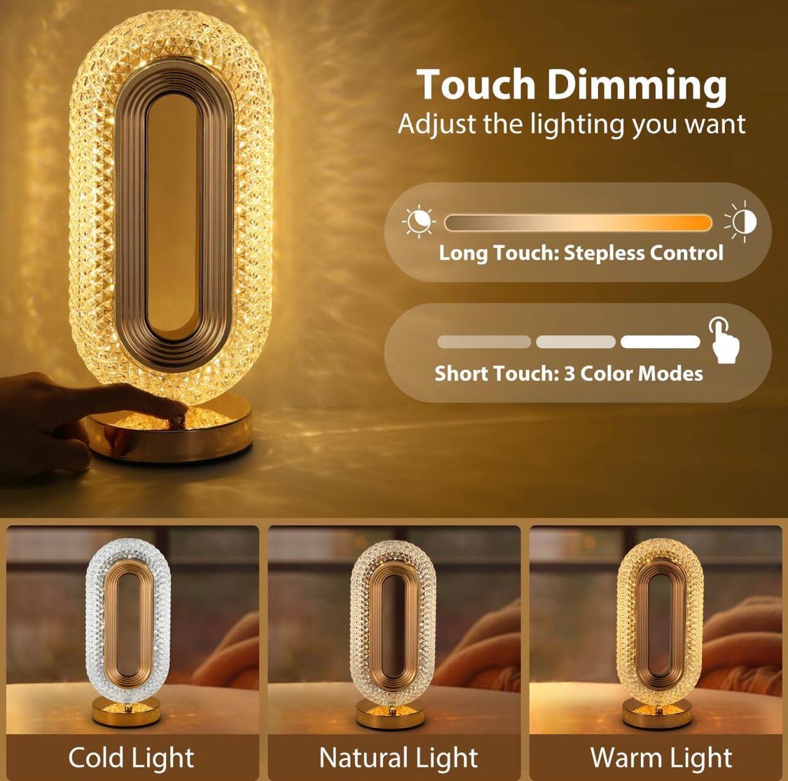 Homely Oval Crystal Stand Night Lamp| LED Touch Night lamp | Decorative Bedside Desk Lamp |Table Night Lamp | 3 Colors Changing Led Crystal