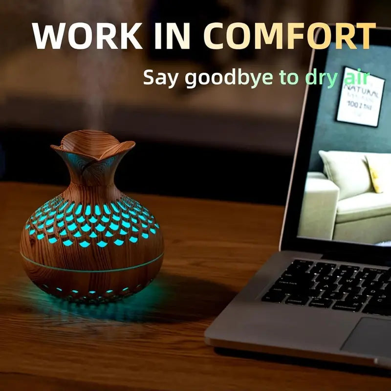 Deluxe Wood Grain Homely Humidifier, USB Powered, Seven Colors, Cold Fog, 36V, Elegant Hollow Design, Pre-Filter, Evaporative Humidification, Romantic Atmosphere, for Bedroom and Various Rooms